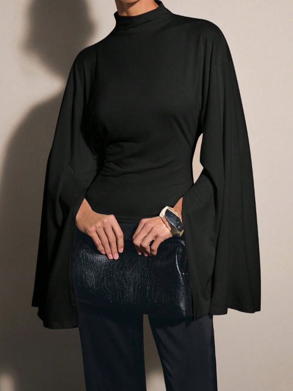 Black Elegant Women's High Neck Long Sleeve Top
